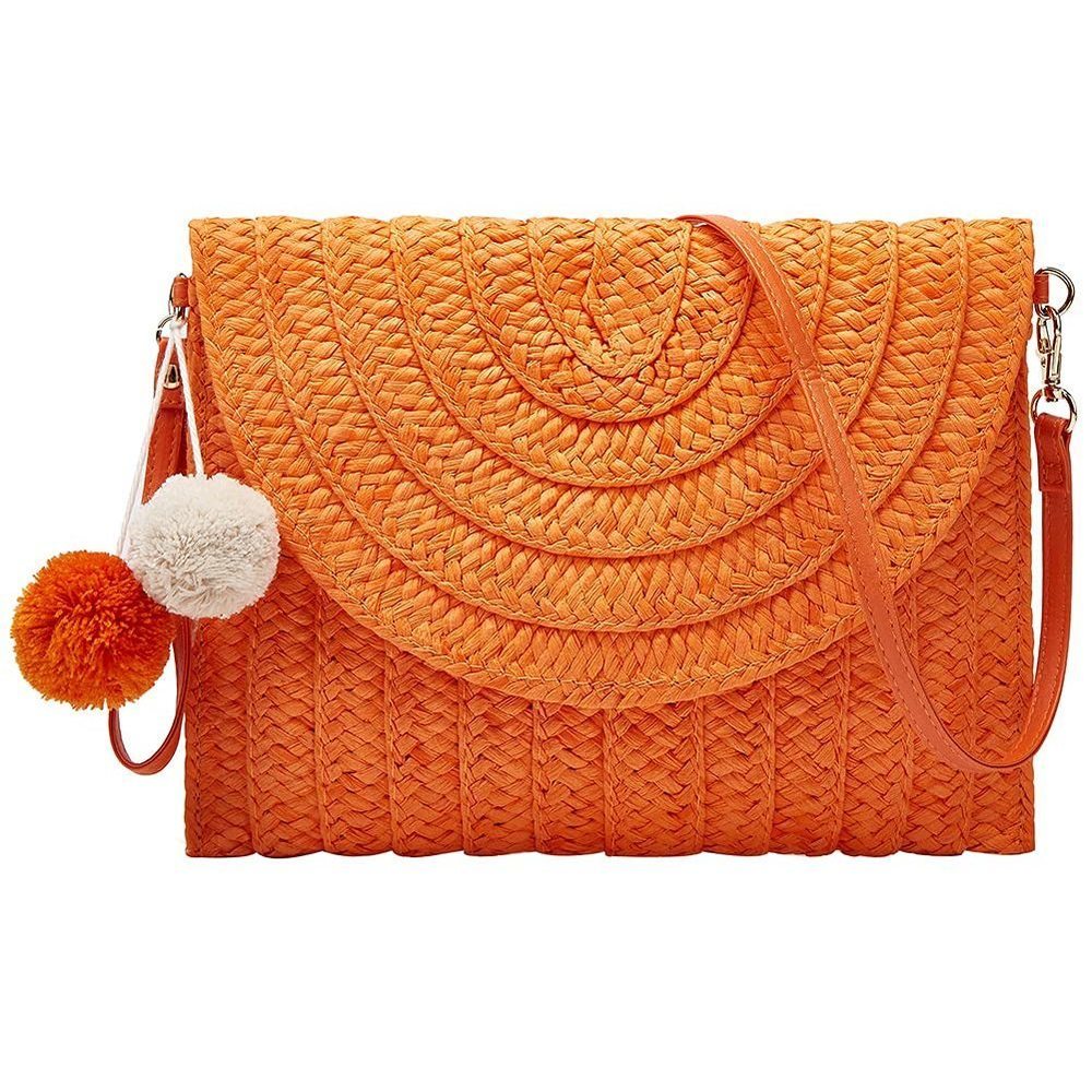 Straw Clutch Hand-Woven Pompom Crossbody Bag Summer Beach Envelope c: